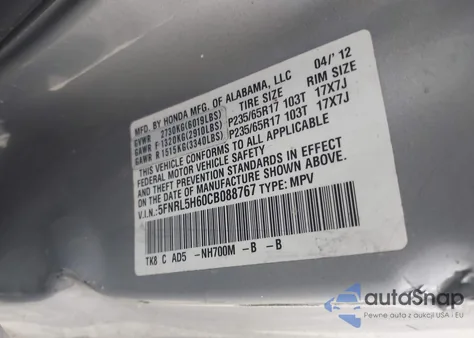 2012 Honda Odyssey Ex-L z USA, uszkodzony, nr VIN 5FNRL5H60CB088767